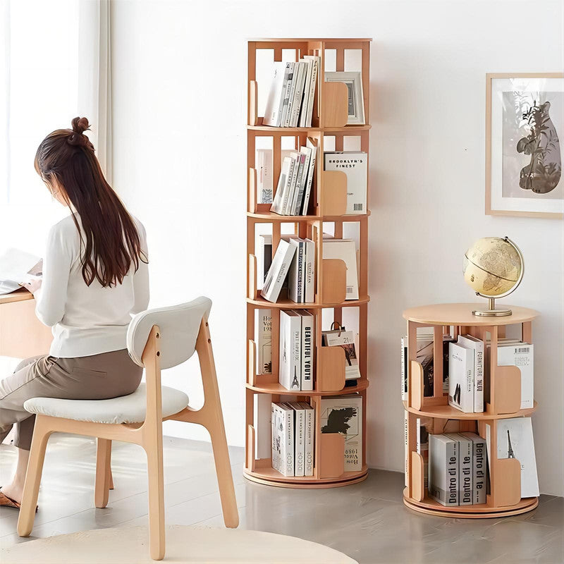Round Open Modern 2/5 Layers Beech Wood 360 Rotating Bookshelf Bookcases
