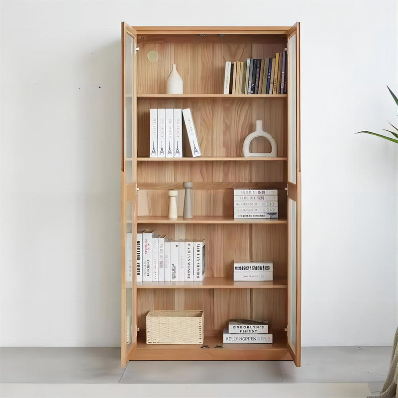 Solid Oak Wood Study Room Furniture Glass Doors Bookshelf Bookcase Book Cabinet