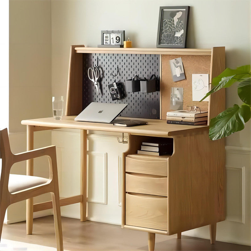 Simple Study Desk with Bookshelf and Drawers Combination Home Office Solid Wood Table