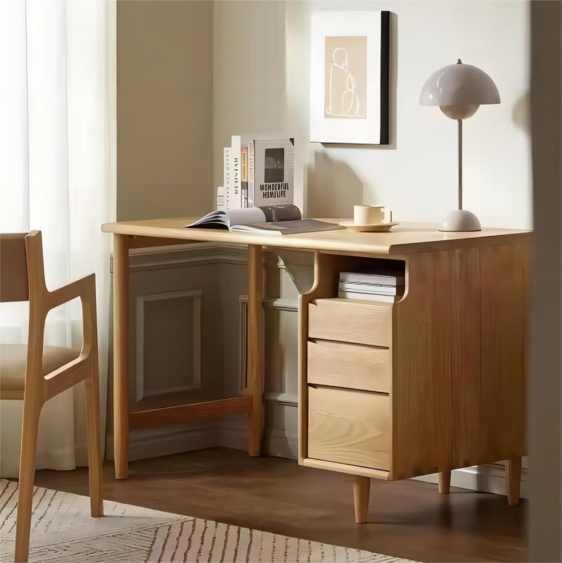 Simple Study Desk with Bookshelf and Drawers Combination Home Office Solid Wood Table
