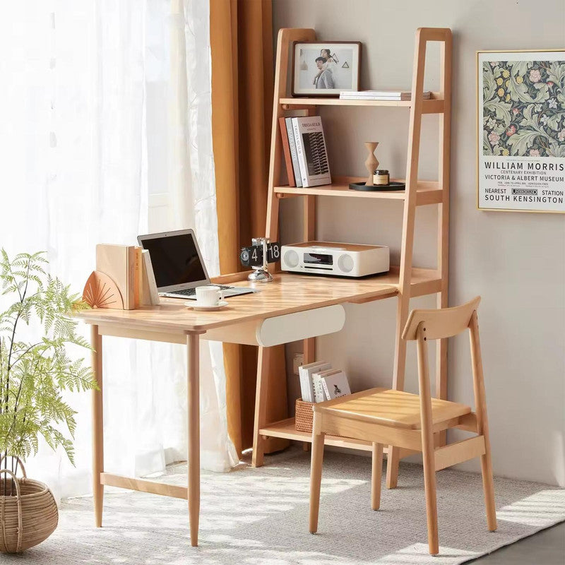 Natural Wood Color Light Desk with Shelves Solid Beech Wood Study Desk