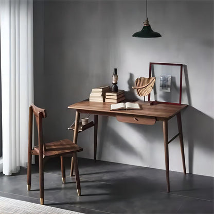 Solid Black Walnut Wood Study Table with Drawer Home Office Desk